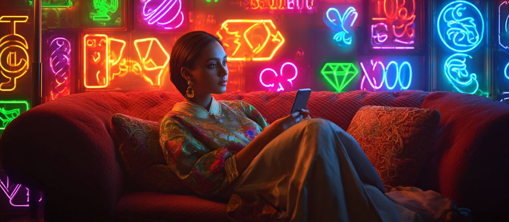 Stylish woman in traditional attire sitting on a red sofa, playing 18AA Casino games on her smartphone with colorful neon slot icons in the background