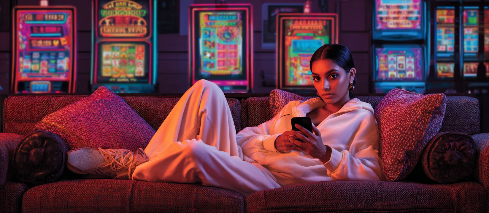 18AA Mobile – The best mobile casino gaming experience Young woman in casual outfit relaxing on a sofa with slot machines glowing behind her while enjoying 18AA Casino on her phone