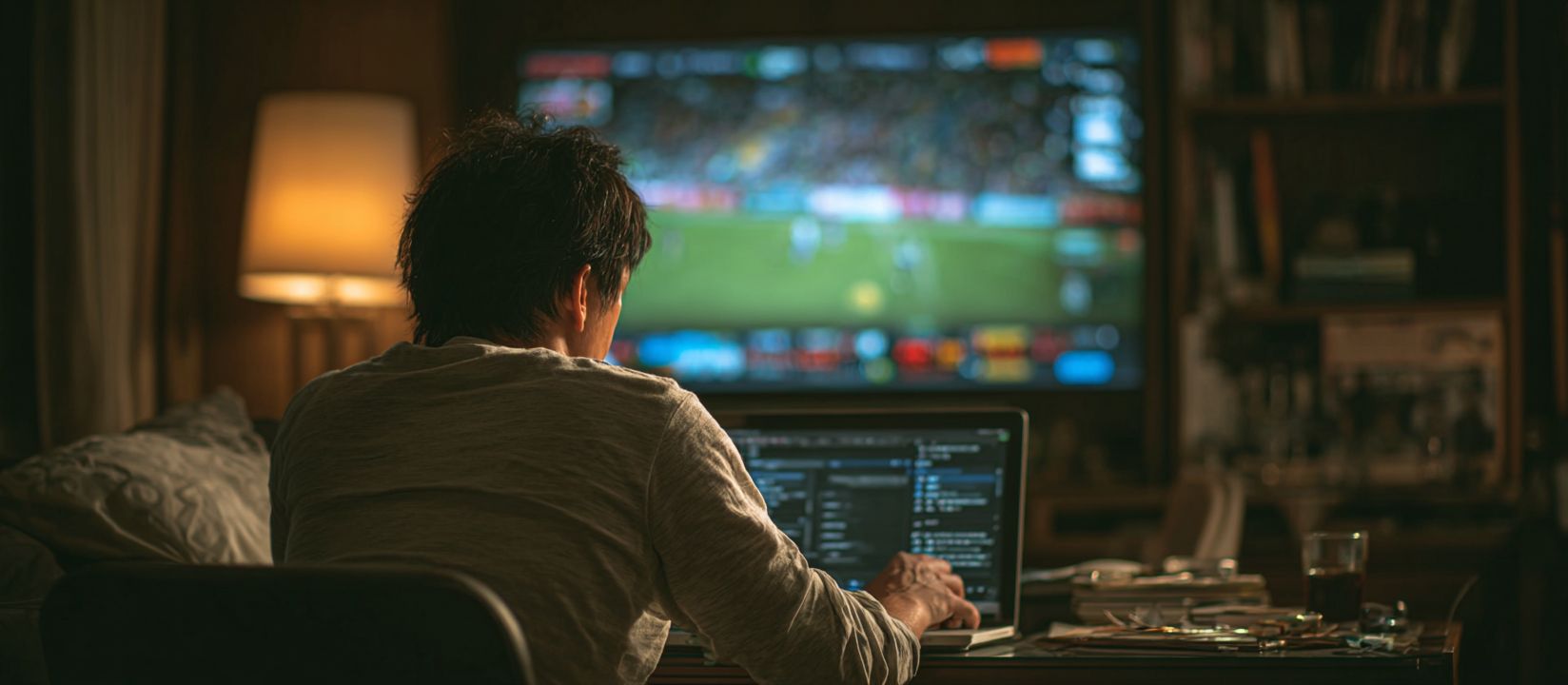 Man watching a football match on TV while placing live bets through his laptop with 18AA sports betting platform