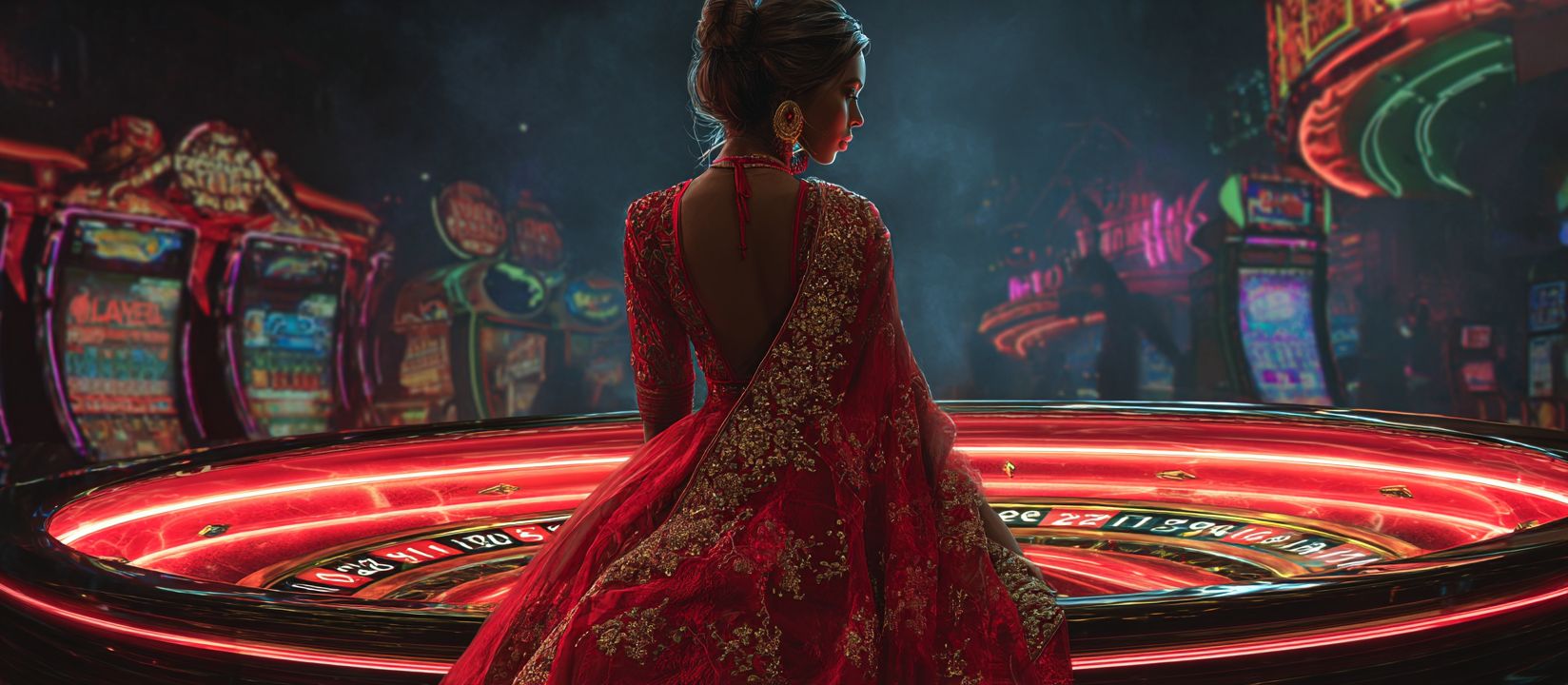 Elegant woman in a traditional red embroidered dress standing by a glowing roulette table with slot machines in the background at 18AA Casino