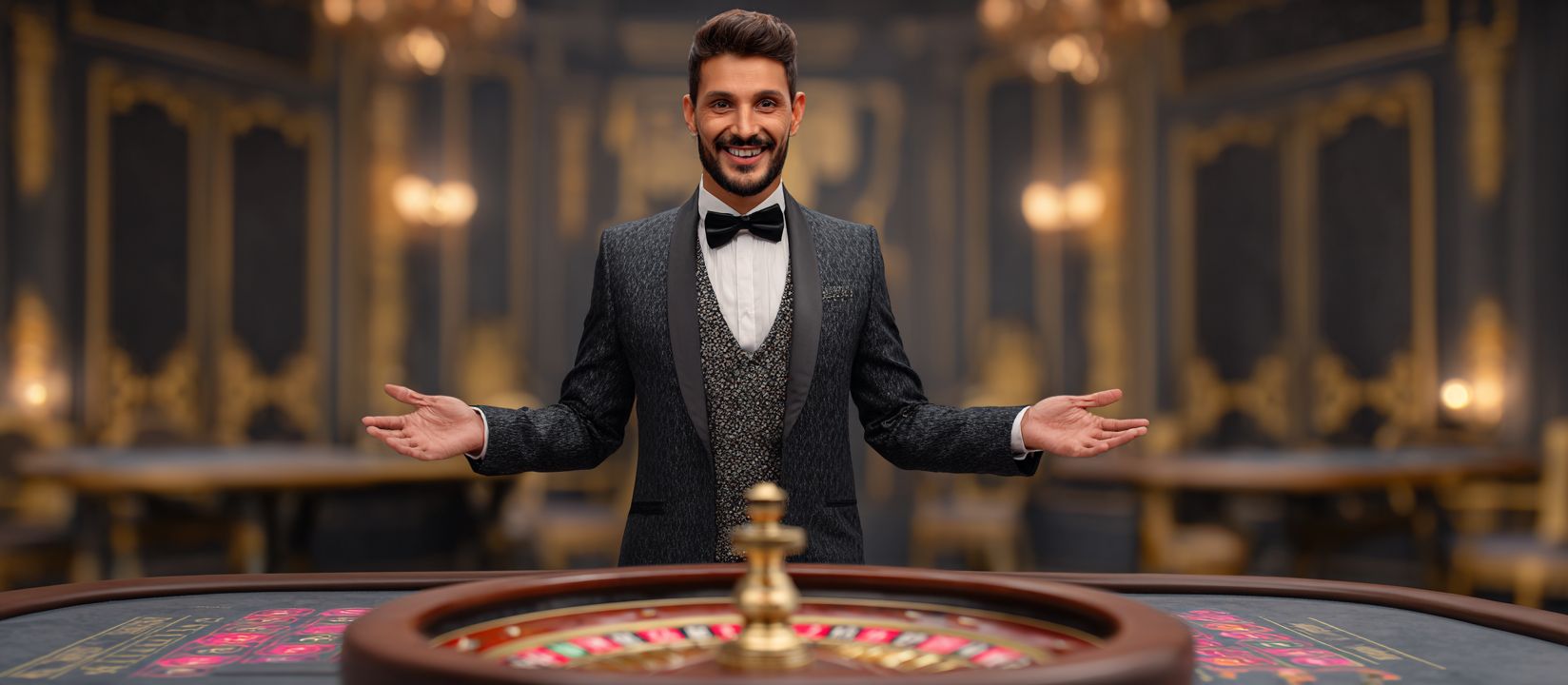 Friendly male dealer in a tuxedo welcoming players to the roulette table inside the grand 18AA Casino hall