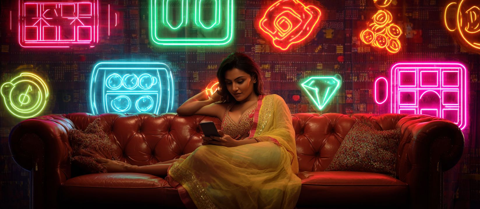 Elegant woman in traditional attire relaxing on a red sofa while playing 18AA Casino games on her smartphone with neon slot icons glowing behind