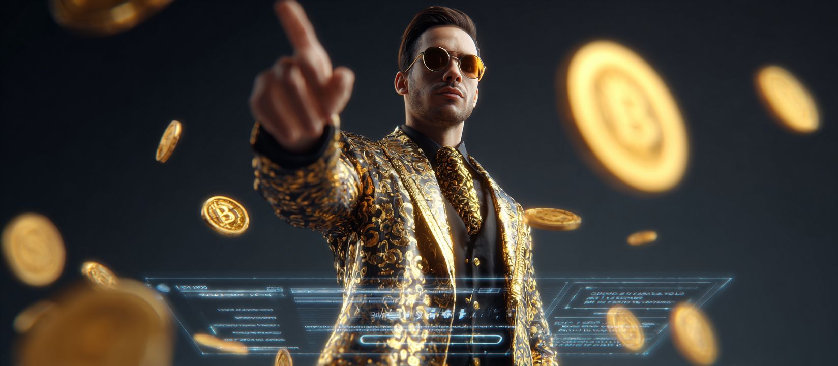 Stylish man in a golden patterned suit with floating digital coins, representing secure login and digital gaming at 18AA Casino